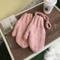 Pink thick knit mittens for women winter cute warm woolen gloves with hanging neck strap - One Size / Pink