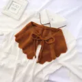 Brown knitted detachable fake collar with bow tie, ruffled edge half shawl variant design. - One Size / Brown Red