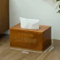 Vintage wooden tissue box with engraved text, retro desktop napkin holder for home decor. - Sun / Old Wood Finish