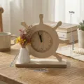 Handmade wooden ship wheel desk clock with small vase, creative desktop ornament for home decor. - White Vase Desk Clock