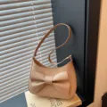 Elegant bow shoulder bag for women, chic beige PU leather handbag for daily fashion. - Khaki