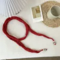 Korean style solid color knitted thin long scarf with cute beaded ends for women. - F Solid Color Hollow-Out Baguette Bag - Red