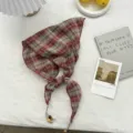 Korean style retro plaid triangular scarf for women, lightweight spring and summer kerchief. - 110*26cm / Burgundy
