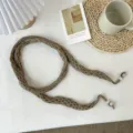 Korean style solid color hollow out narrow knit scarf with elegant beaded ends, cozy vibe winter. - F Solid Color Hollow-Out Skinny Scarf - Khaki