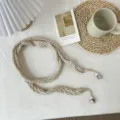 Beige knitted narrow long scarf with hollow design and beaded ends, Korean style chic winter accessory. - F Solid Color Hollow-Out Skinny Scarf - Beige