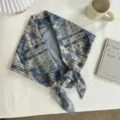 Vintage ethnic floral print triangular scarf, blue-grey stylish spring autumn neckerchief. - 140*70cm / Blue
