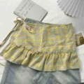 Plaid ruffled skirt layering piece, high-waisted vintage preppy style mini skirt extender for women. - One Size / Bottoms / Yellow and Blue