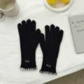 Women winter warm black knitted gloves with white contrast stitching detail for cycling. - 25*9cm / Black