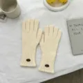 Detailed shot of Korean style solid color knit gloves for women, warm winter touch screen gloves. - 25*9cm / 02#-White