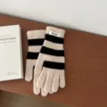 Λεπτομέρεια γυναικεία χειμωνιάτικα ριγέ πλεκτά γάντια, ζεστό μαλλί οθόνης αφής. - Πλήρη Δάχτυλα / Μπεζ