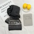 Dark grey wool blend knitted winter scarf with Nordic geometric patterns and cozy warm design. - Dark Gray