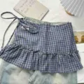 Plaid layered ruffle skirt extender, vintage high waist A-line cake mini skirt detail. - One Size / Bottoms / Blue Gray