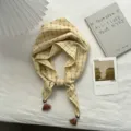 Detailed view of yellow plaid small silk scarf with tassel, stylish spring decorative neckerchief. - 100*33cm / Yellow