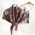 Close-up detail of the exquisite vintage floral pattern and soft texture on the silk square scarf. - Wine Red (zz26011401) / Burgundy