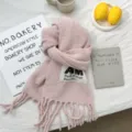 Pink textured tassel scarf winter warm cozy neckerchief with stylish letter label detail. - 210*29cm / Pink