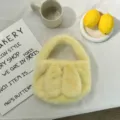 Fluffy yellow bunny ear handbag, cute plush mini winter tote bag for daily casual style. - Yellow