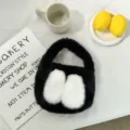 Cute black fluffy handbag with white rabbit ears, winter mini fuzzy tote bag for daily cute style - Black