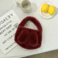 Cozy winter plush rabbit ear handbag detail, soft burgundy fuzzy fabric, cute mini purse. - Dark Red