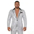 Mens sparkling sequin suit jacket and pants set for party disco night club stage wear detail - S / Silver