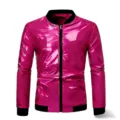 Chaqueta bomber rosa metálica brillante para hombre cuello alto casual con cremallera negra. - S / Púrpura
