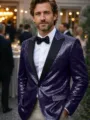 Men's purple sequin tuxedo jacket, shiny blazer for stage performance and party events. - Navy Blue