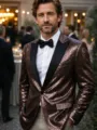Men sequin tuxedo jacket shiny glitter blazer for stage party club performance formal wear - Coffee