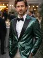 Men's green sequin tuxedo jacket with black lapel, stylish party and stage performance blazer. - Dark Green