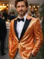 Men's Orange Sequin Suit Jacket Glossy Stage Tuxedo Blazer for Party Performance - Orange