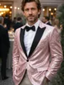 Men's pink sequin blazer sparkling party tuxedo jacket with black lapel for stage performance - Pink