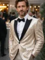 Men gold sequin tuxedo jacket, glitter stylish party stage blazer, elegant host suit coat. - Champagne