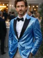 Men's Blue Sequin Suit Jacket Sparkling Party Tuxedo Blazer for Nightclub Stage Performance - Sky Blue
