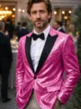 Men's bright pink sequin tuxedo jacket, stylish sparkling stage performance party blazer. - Rose Red