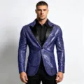 Giacca blazer da uomo in paillettes viola con risvolto nero, elegante per spettacolo. - Blu