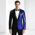 Vista detallada de chaqueta de lentejuelas para hombre, patchwork azul negro de fiesta. - S / Tops / Lentejuelas Azules
