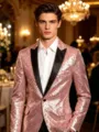 Stylish men's pink sequin tuxedo jacket with black lapel for stage performance and club party wear. - Pink