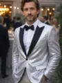 Mens silver sequin blazer party clubwear stylish formal suit jacket size variant - S / Silver with Black Collar