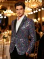 Detailed view of colorful sequin men blazer jacket in luxurious party banquet scene lighting. - Colorful