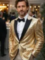 Mens luxury gold sequin tuxedo jacket with black lapel shiny blazer for party stage. - Gold