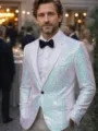 Men's white sequin blazer, sparkling party stage performance tuxedo jacket for night club. - White