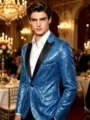 Detailed view of the shiny blue sequin men's tuxedo jacket with black lapel in event setting. - Sky Blue