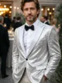 Men's Silver Sequin Tuxedo Jacket Sparkling Stage Party Nightclub Blazer Formal Suit - Silver with White Collar