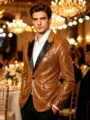 Detail view of bronze sequin men's blazer with black lapels and white shirt for glamorous nights. - Orange
