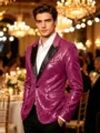 Detailed view of the sparkling magenta sequin blazer featuring black lapels and stylish evening wear. - Rose Red