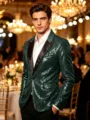 Detailed view of the dark green sequin men's blazer featuring classic black satin lapels. - Dark Green