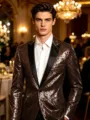 Men's glitter sequin tuxedo jacket detail view, featuring black satin lapel for parties. - Coffee