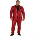 Red sequin blazer detail, shiny fabric and black lapel design for festive stage performance. - S / Red