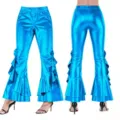 Shiny metallic faux leather bell bottom pants for women, sexy club wear high waist flare trousers. - Light Blue