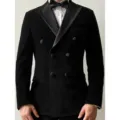 Chaqueta de traje cruzada de terciopelo negro elegante para hombre con solapa de satén - S / Tops / Negro