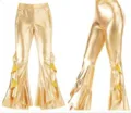 Metallic gold shiny faux leather flared pants with ruffle details for women stage wear. - Gold