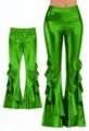 Details show the glossy metallic green faux leather texture and unique side ruffle bell bottom design. - Green